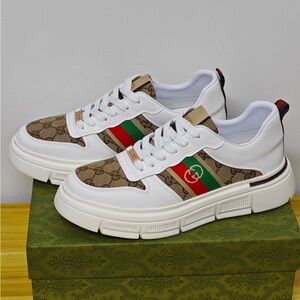 Gucci White and Brown Men's Sneakers with Green and Red Accents